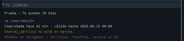 “Stancel_Servicio is not running. Add it in Navigator › Services. Meanwhile the EA renews.”